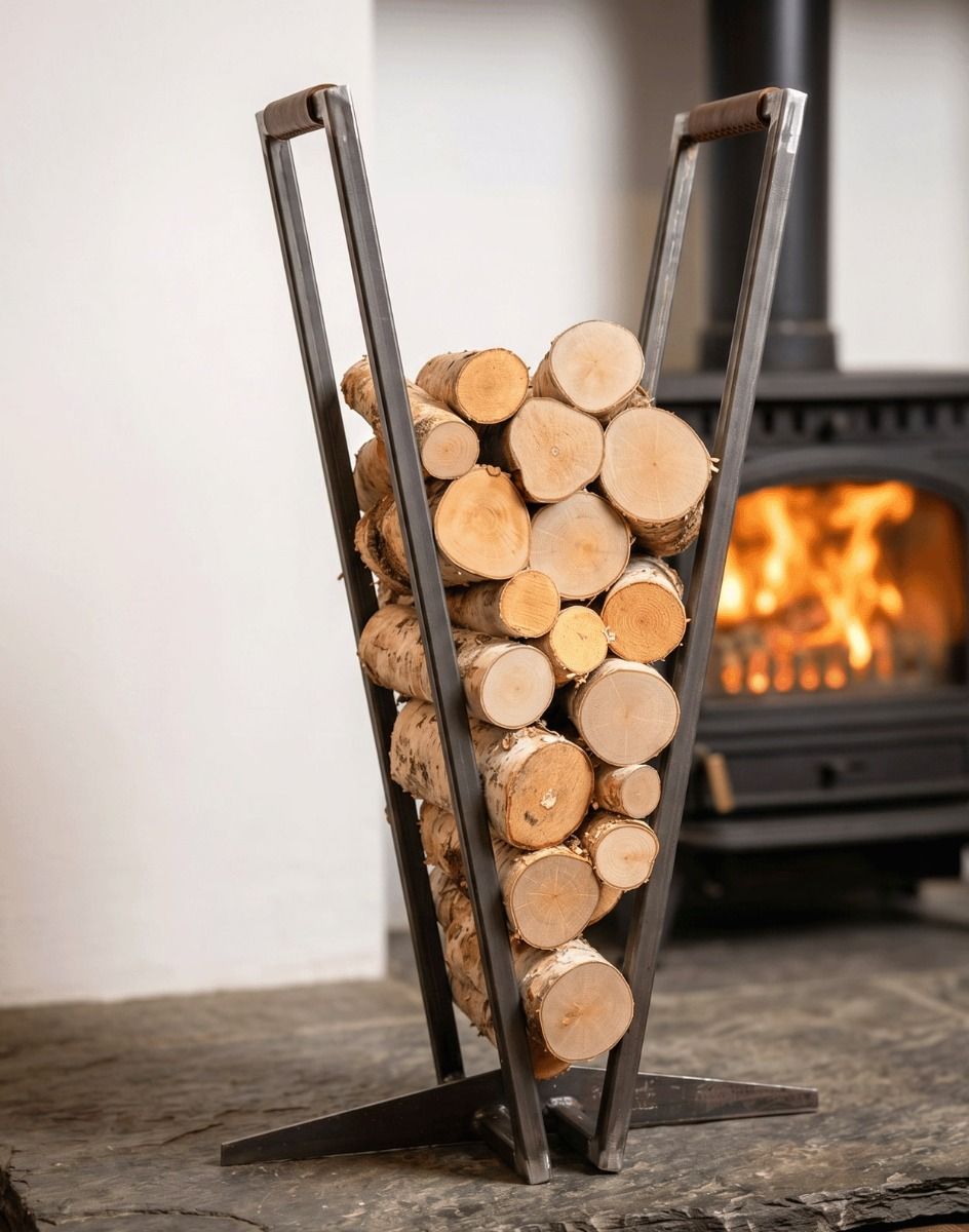 The Iron V-Shaped Log Store in a Modern Living Room Setting Next to a Burning Log Stove - Digital Illustration