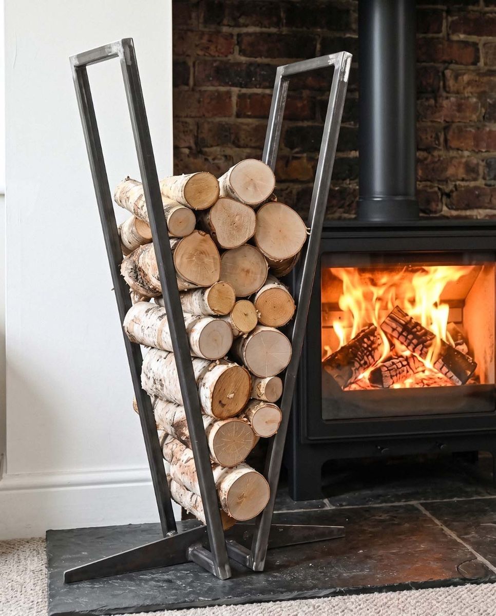 The Iron V-Shaped Log Store in a Modern Living Room Setting Next to a Burning Log Stove - Digital Illustration