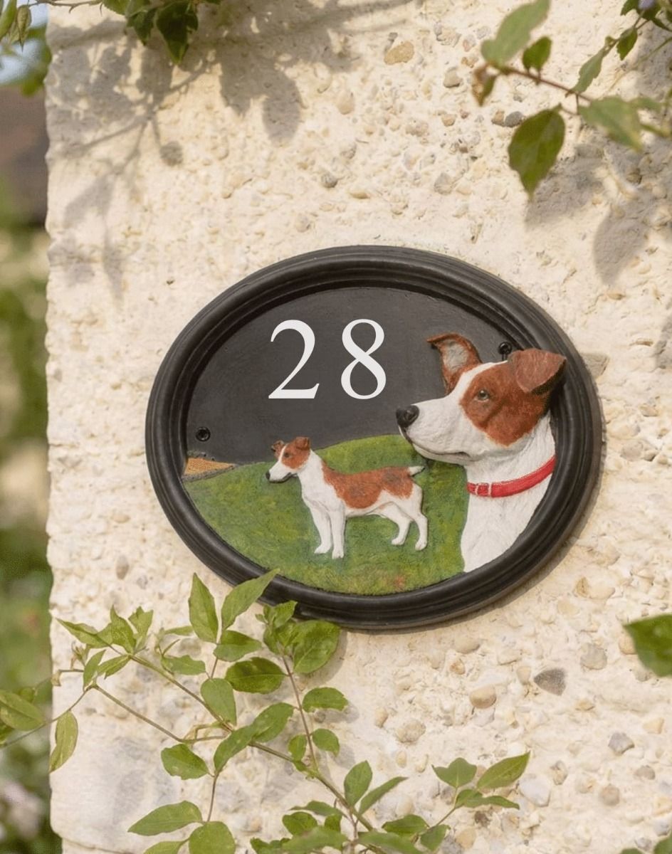 The Jack Russell Handpainted House Number Sign on a Stone Covered Wall by a Front Entrance - Digital Illustration 