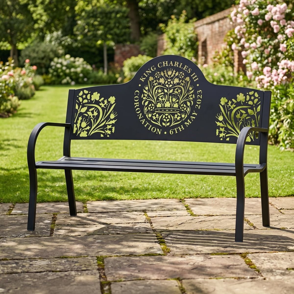The King Charles III Coronation Bench in a Picturesque Rose Garden - Digital Illustration 