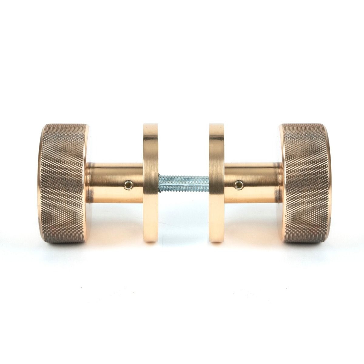 The Knurled Mortice/Rim Knob Set on a Beehive Rose in Polished Bronze Shown Screwed Together from the Side 