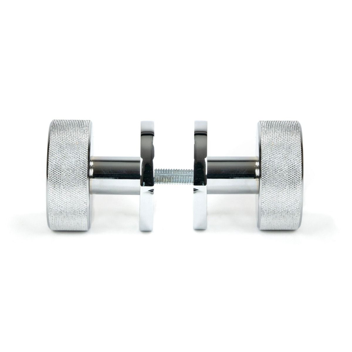 The Knurled Mortice/Rim Knob Set on a Beehive Rose in Polished Chrome Shown Screwed Together from the Side 