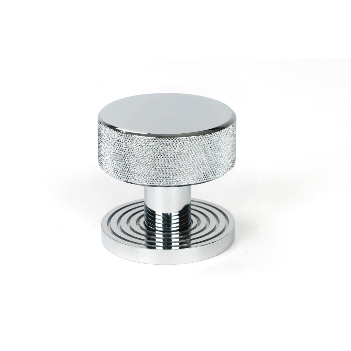 The Knurled Mortice/Rim Knob Set on a Beehive Rose in Polished Chrome Shown Upright on a White Background 