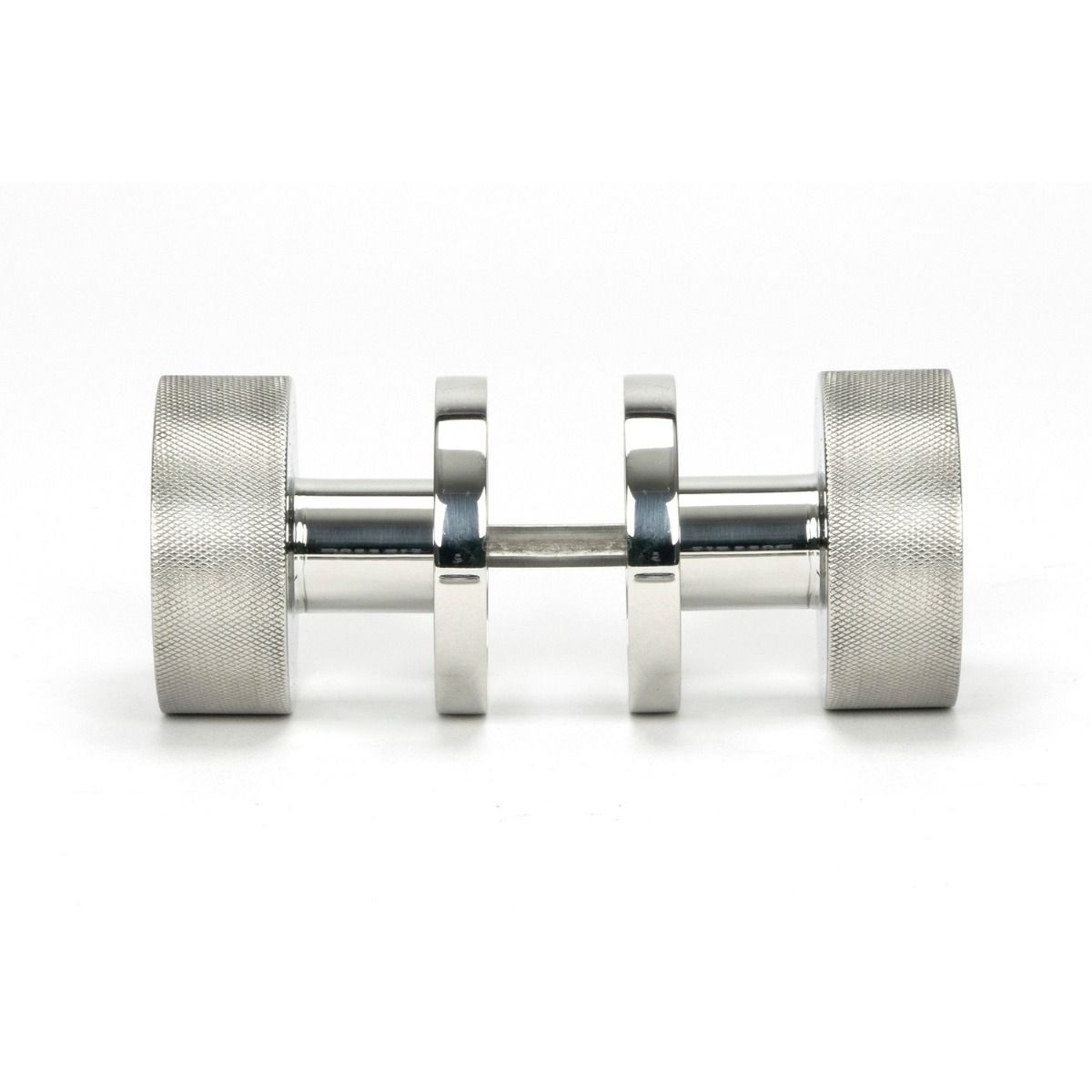 The Knurled Mortice/Rim Knob Set on a Beehive Rose in Polished Stainless Steel Shown Screwed Together from the Side 