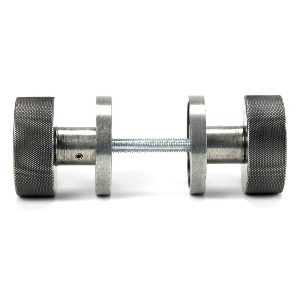 The Knurled Mortice/Rim Knob Set on a Plain Rose in Pewter Shown Screwed Together from the Side 