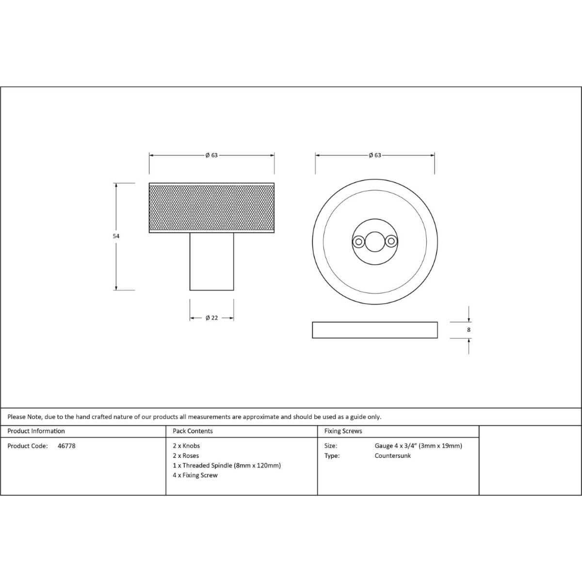 The Knurled Mortice/Rim Knob Set on a Plain Rose in Pewter Technical Drawings and Dimensions 