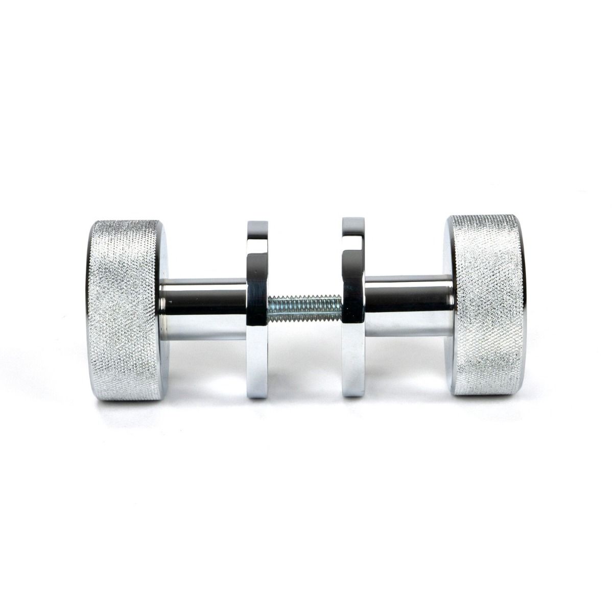 The Knurled Mortice/Rim Knob Set on a Plain Rose in Polished Chrome Shown Screwed Together from the Side 
