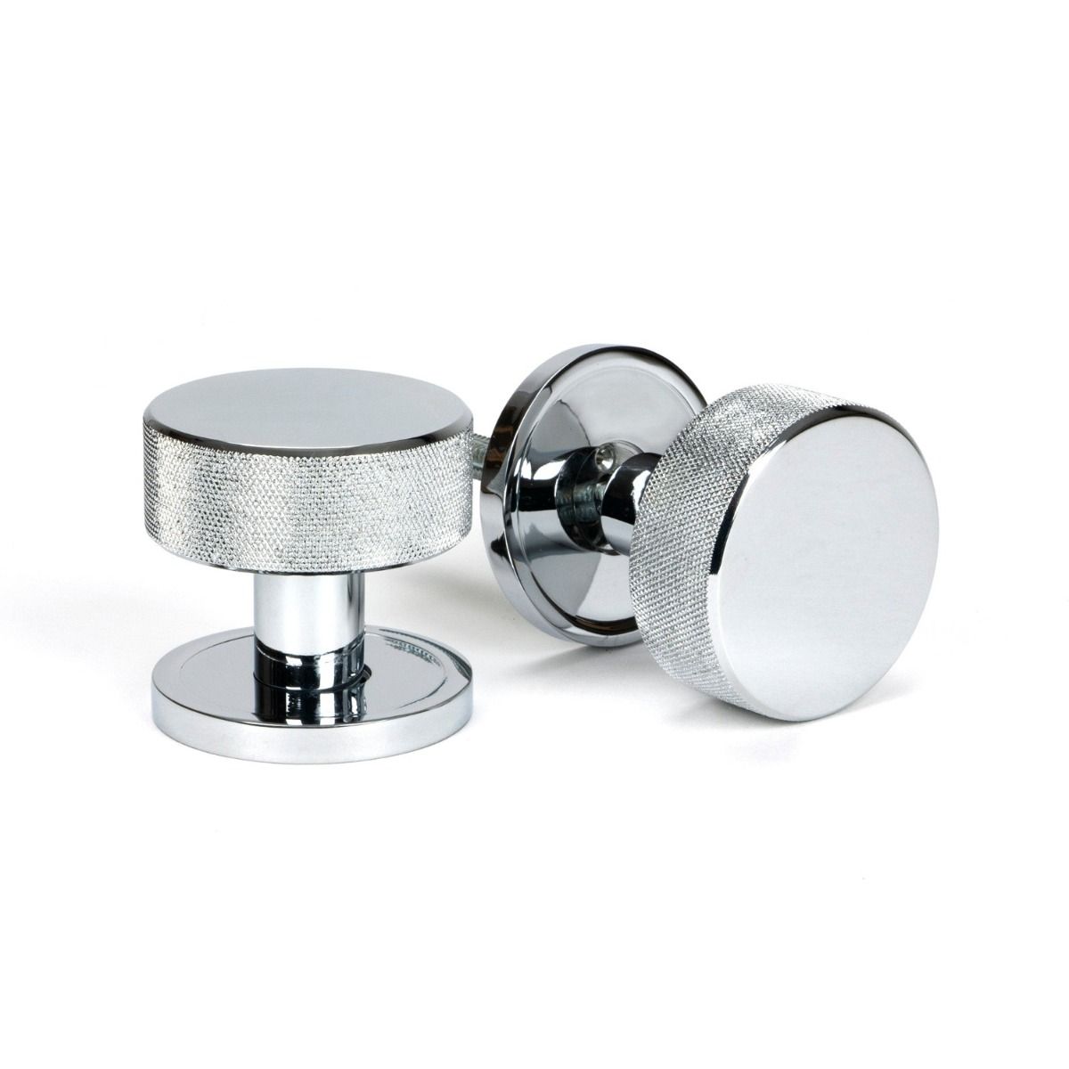 The Knurled Mortice/Rim Knob Set on a Plain Rose in Polished Chrome Shown Upright and on its Side on a White Background 