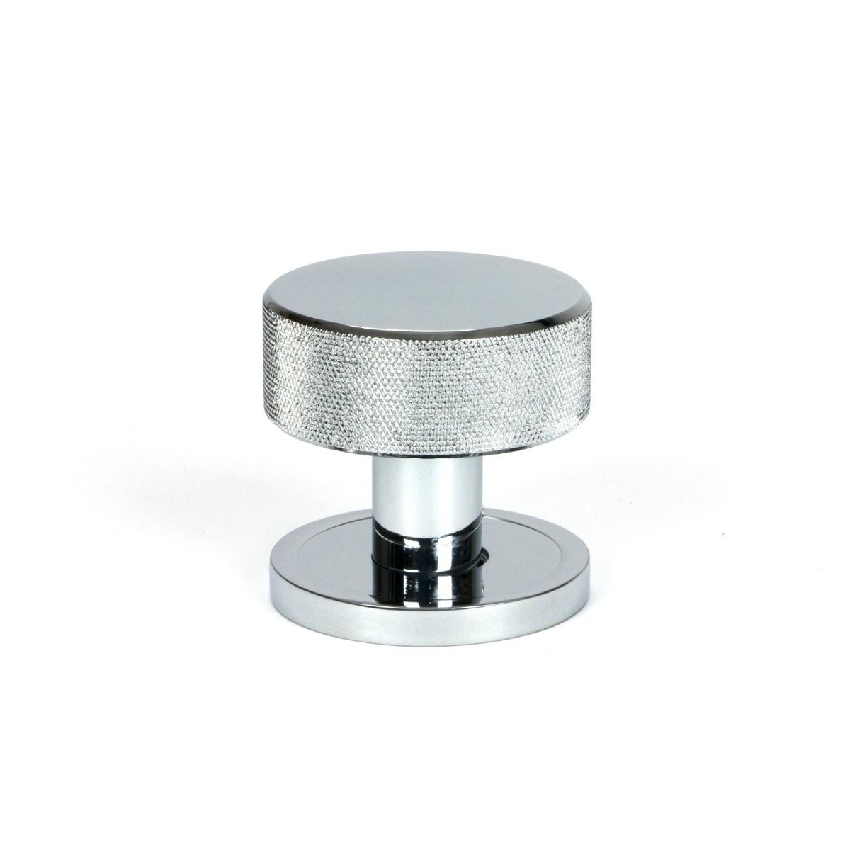 The Knurled Mortice/Rim Knob Set on a Plain Rose in Polished Chrome Shown Upright on a White Background 