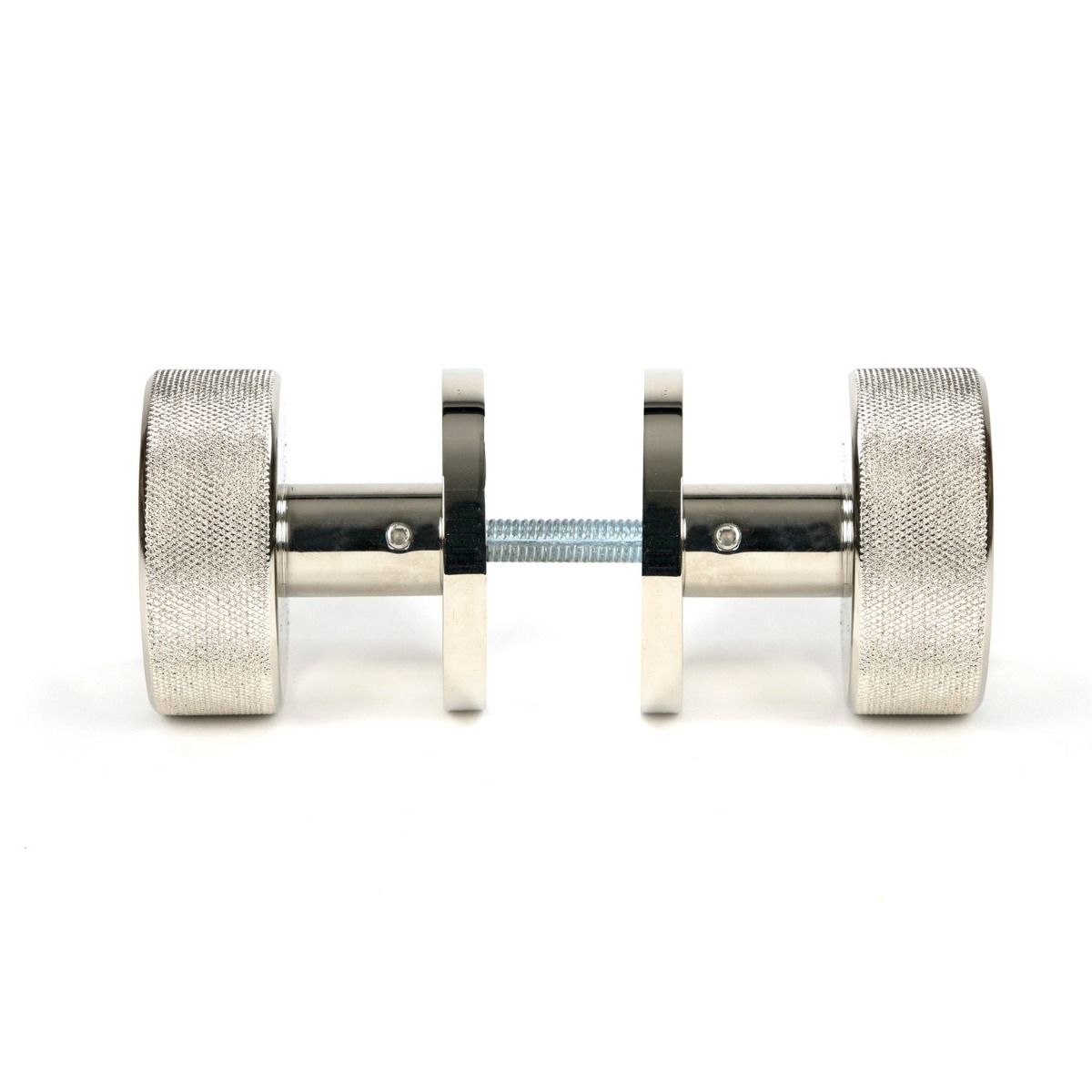 The Knurled Mortice/Rim Knob Set on a Plain Rose in Polished Nickel Shown Screwed Together from the Side 