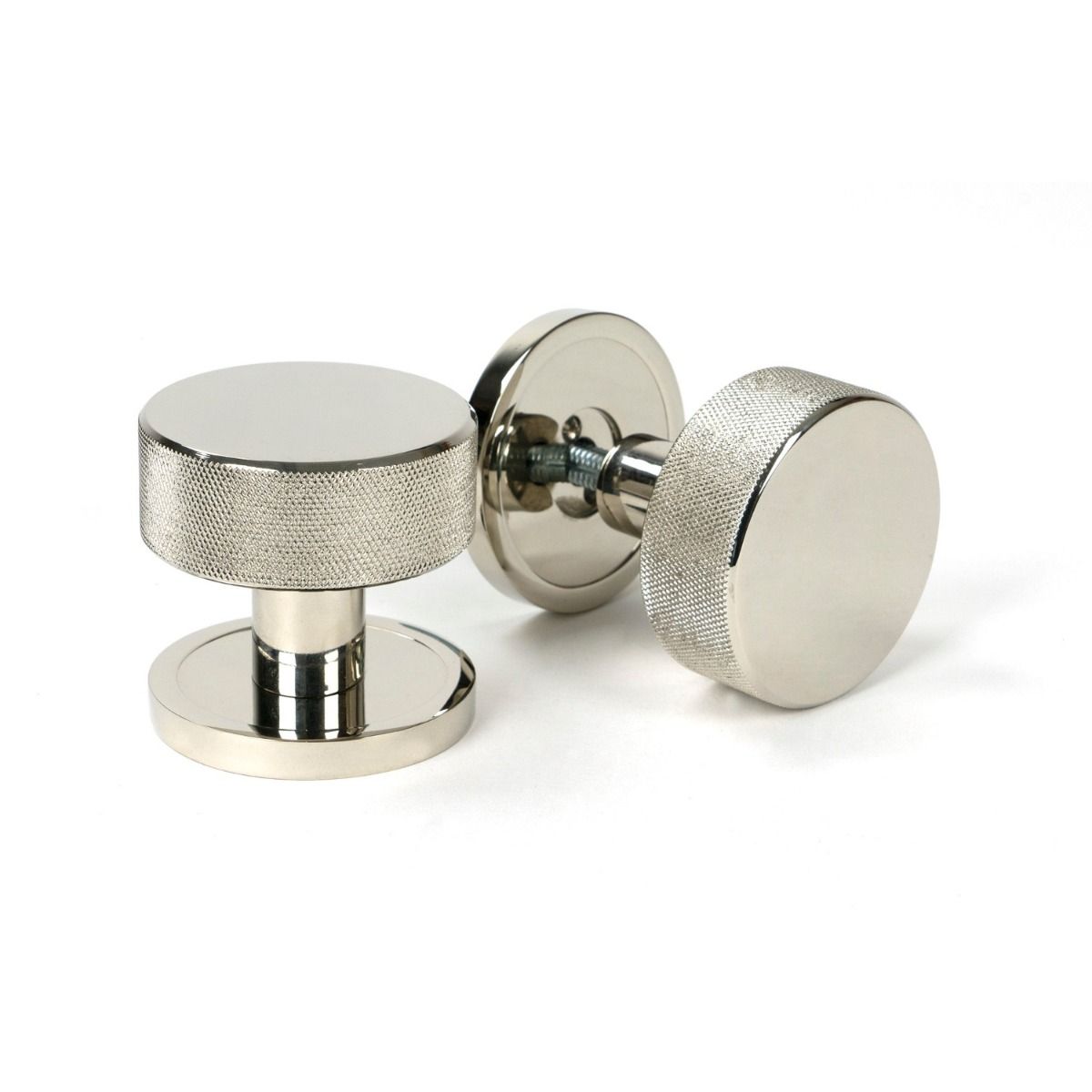 The Knurled Mortice/Rim Knob Set on a Plain Rose in Polished Nickel Shown Upright and on its Side 