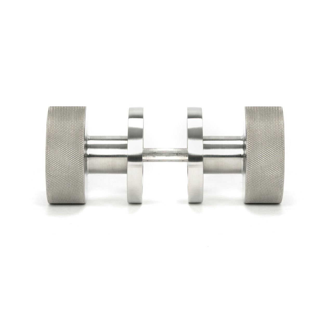 The Knurled Mortice/Rim Knob Set on a Plain Rose in Satin Stainless Steel Shown Screwed Together from the Side 
