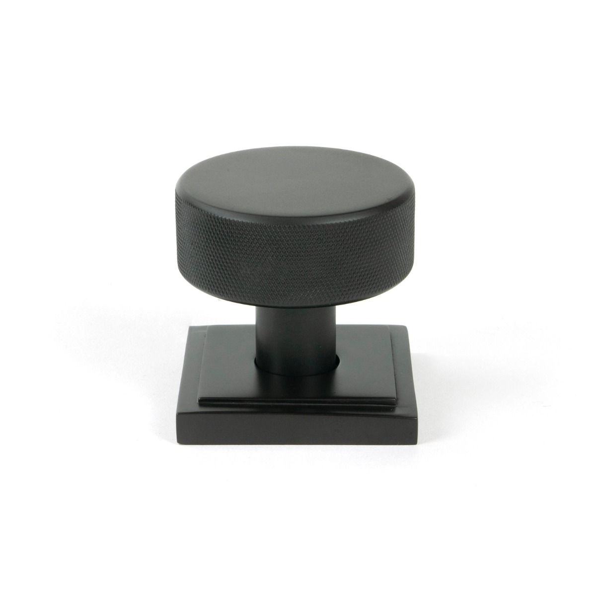 The Knurled Mortice/Rim Knob Set on a Square Rose in Aged Bronze Shown Upright 