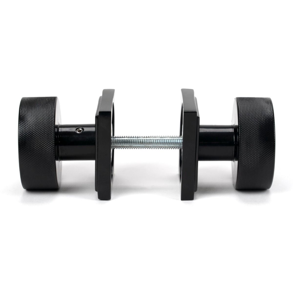 The Knurled Mortice/Rim Knob Set on a Square Rose in Black Shown Screwed Together from the Side 