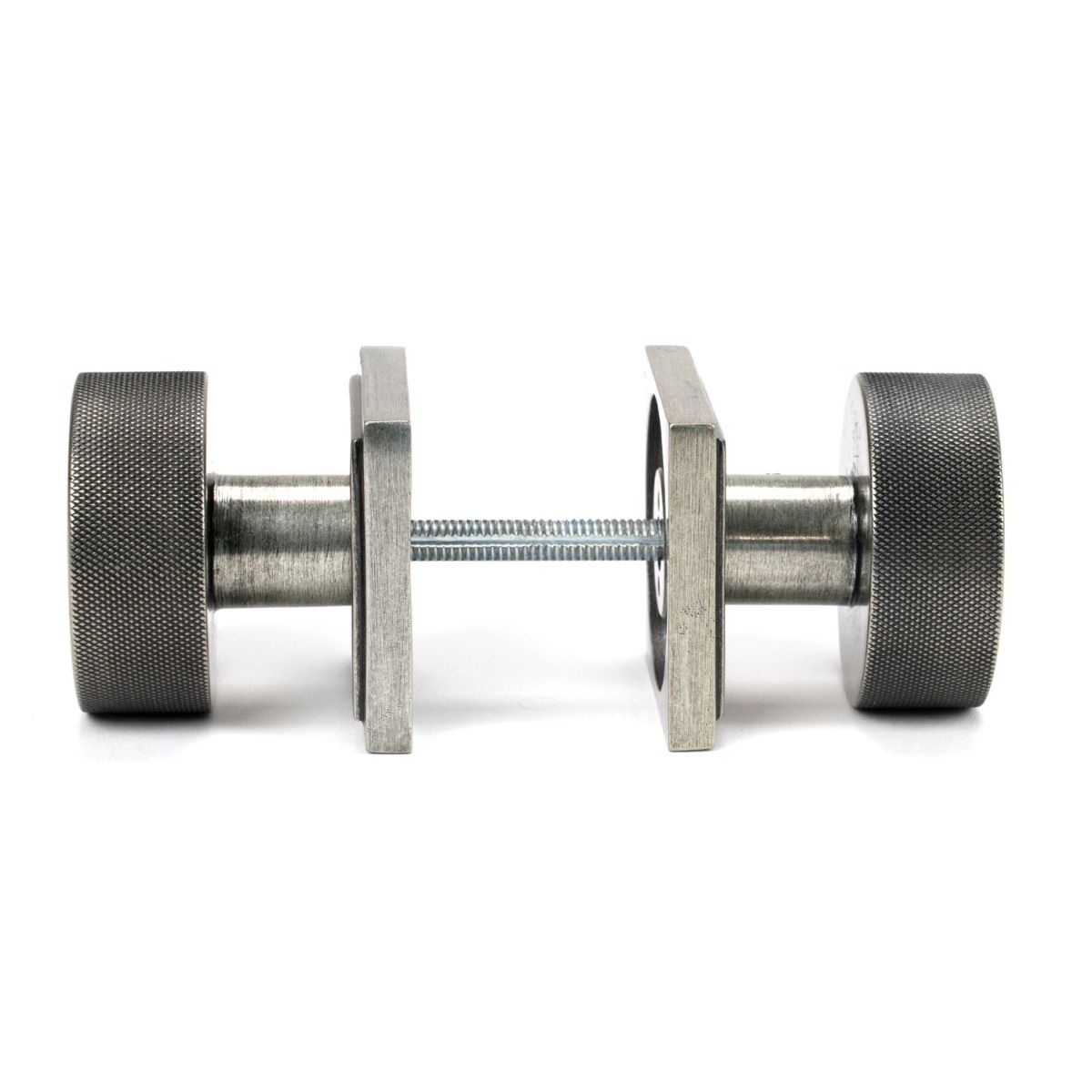 The Knurled Mortice/Rim Knob Set on a Square Rose in Pewter Shown Screwed Together from the Side 