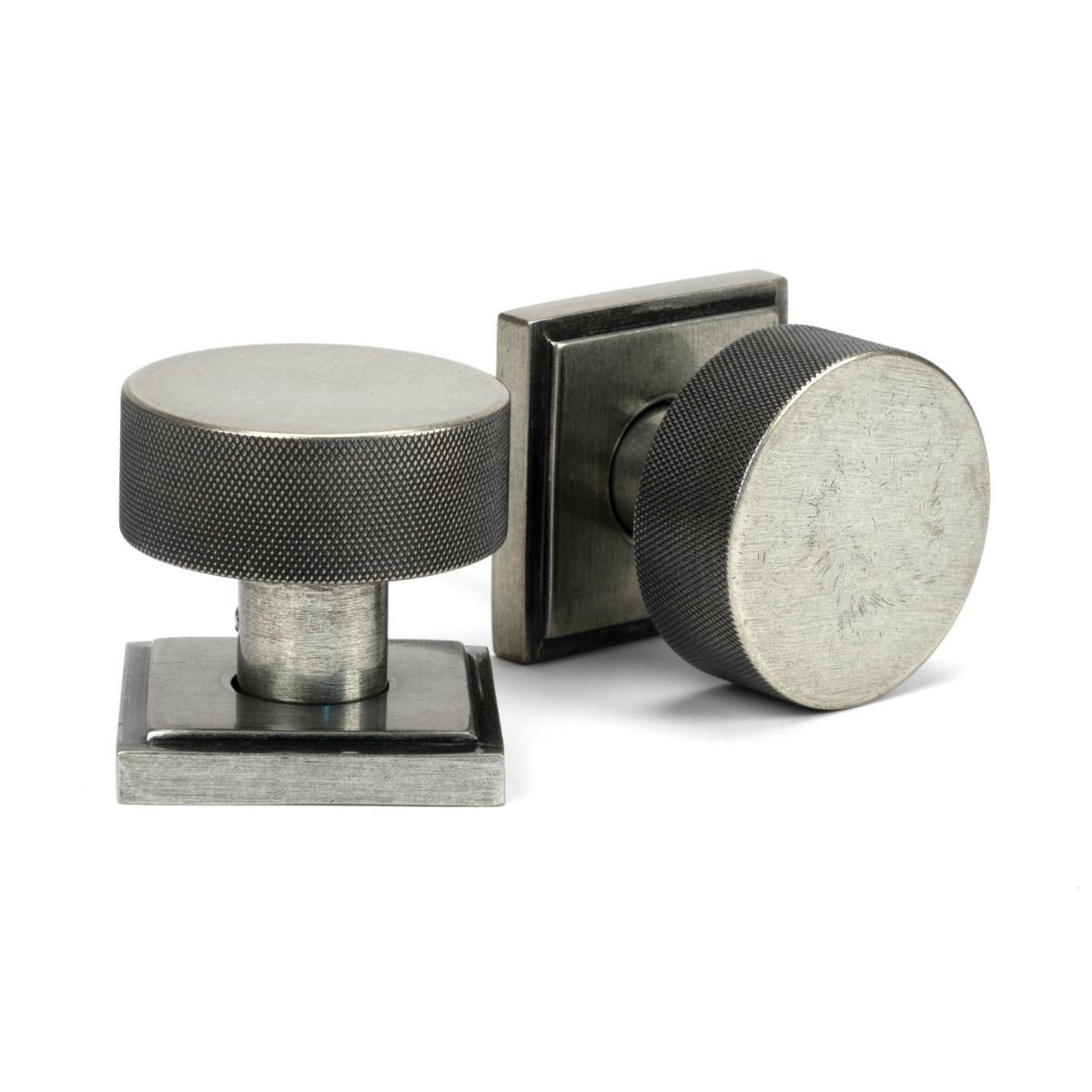 The Knurled Mortice/Rim Knob Set on a Square Rose in Pewter Shown Upright and on its Side 
