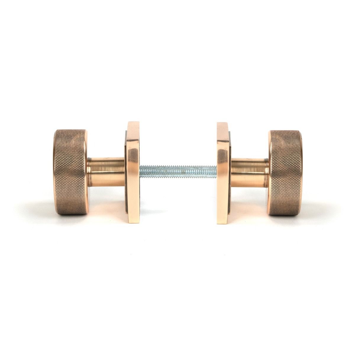 The Knurled Mortice/Rim Knob Set on a Square Rose in Polished Bronze Shown Screwed Together from the Side 