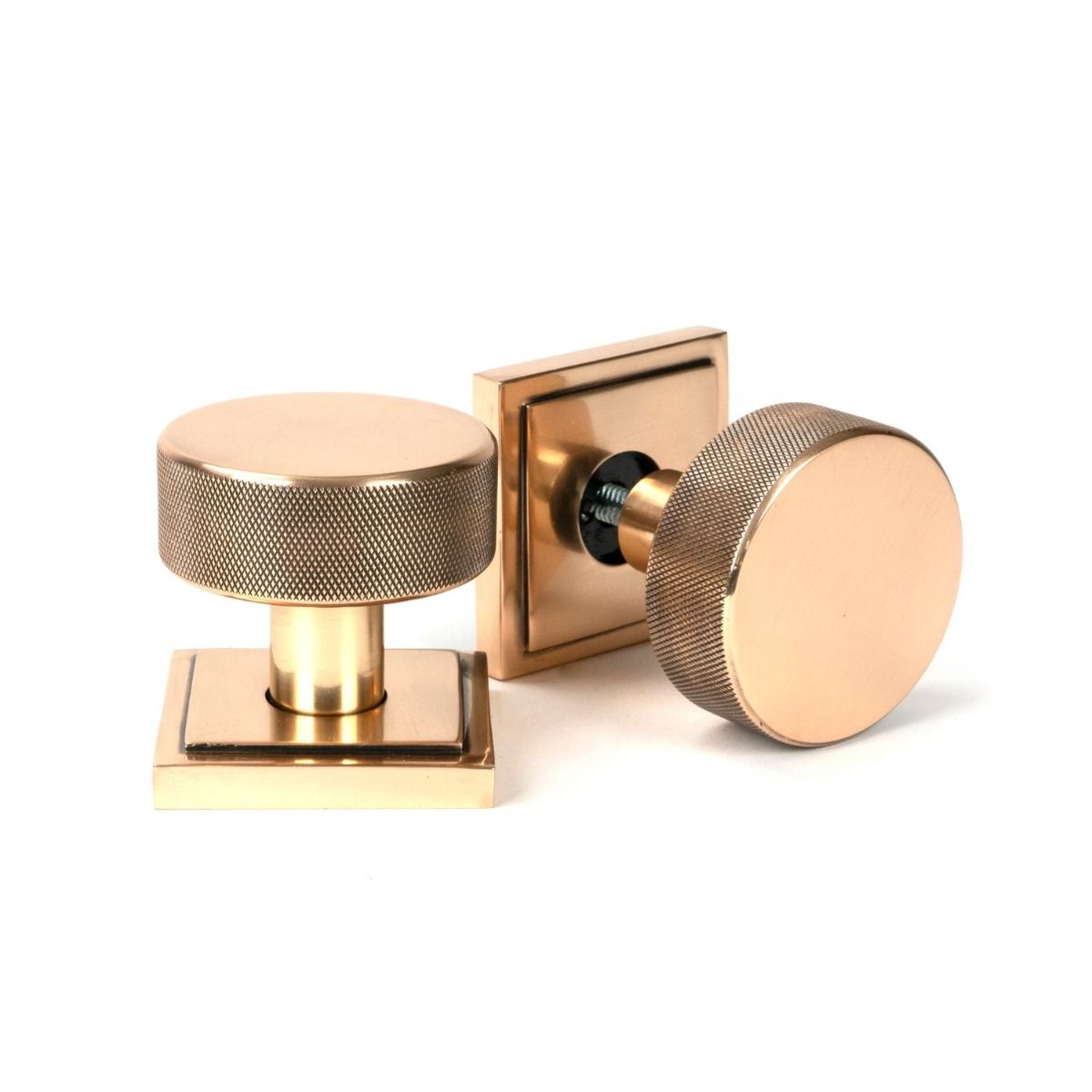 The Knurled Mortice/Rim Knob Set on a Square Rose in Polished Bronze Shown Upright and on its Side 
