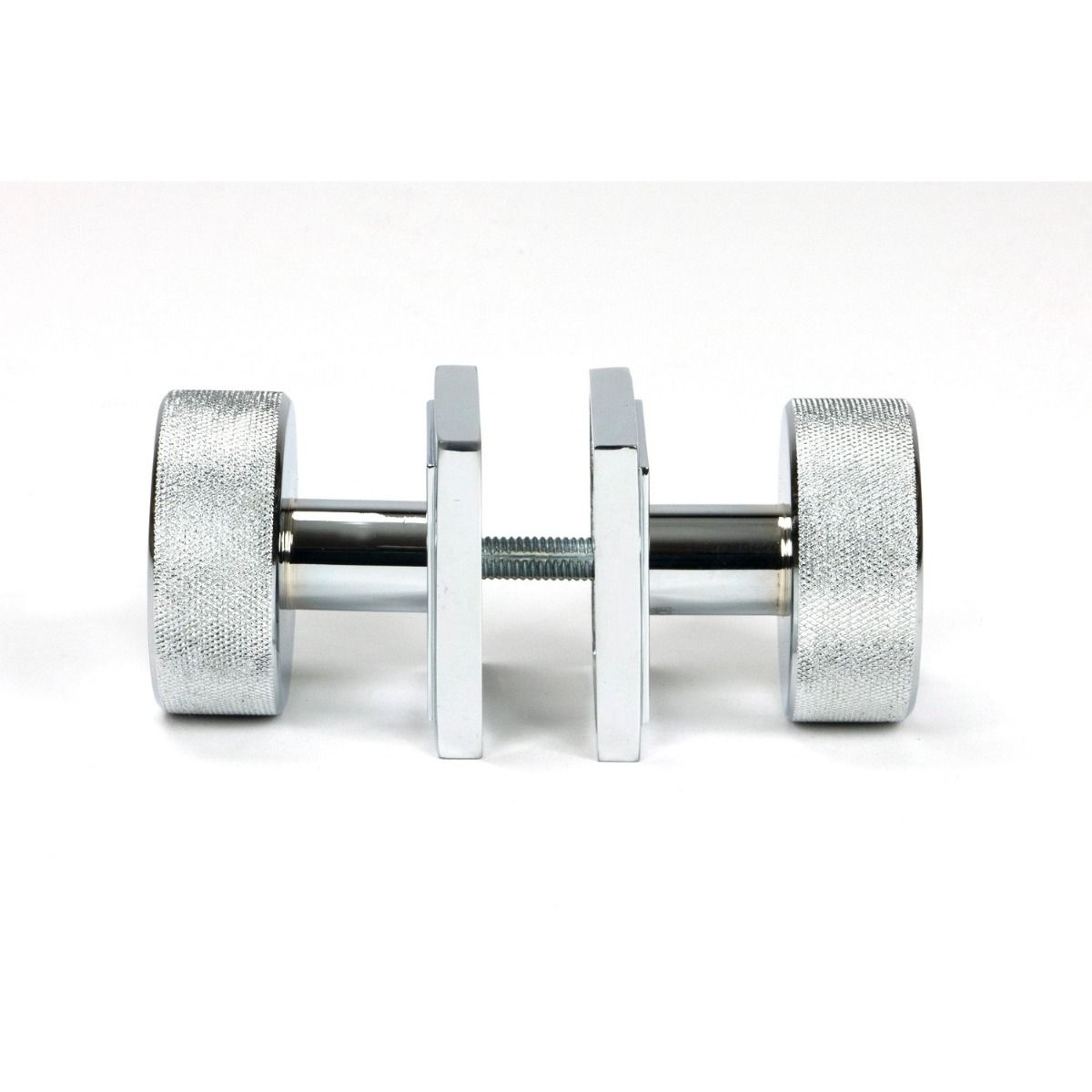 The Knurled Mortice/Rim Knob Set on a Square Rose in Polished Chrome Shown Screwed Together from the Side 
