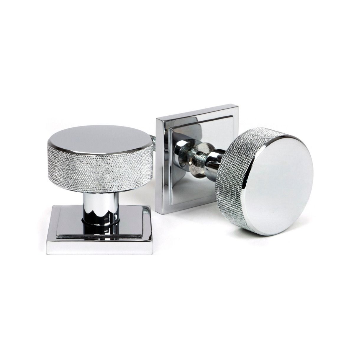 The Knurled Mortice/Rim Knob Set on a Square Rose in Polished Chrome Shown Upright and on its Side 