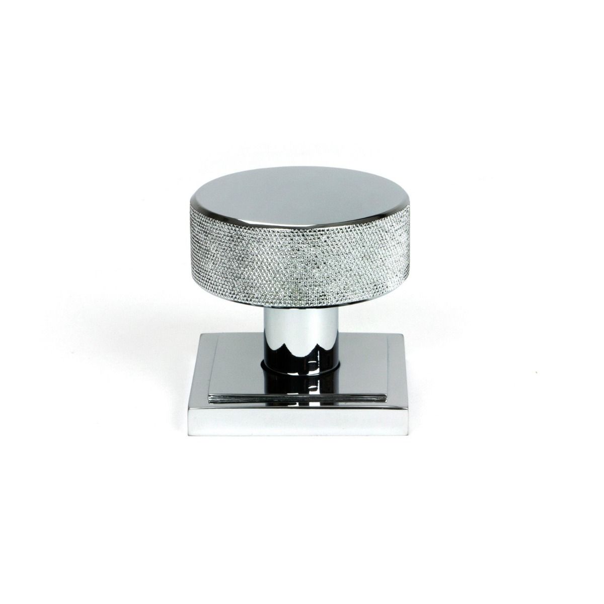 The Knurled Mortice/Rim Knob Set on a Square Rose in Polished Chrome Shown Upright 