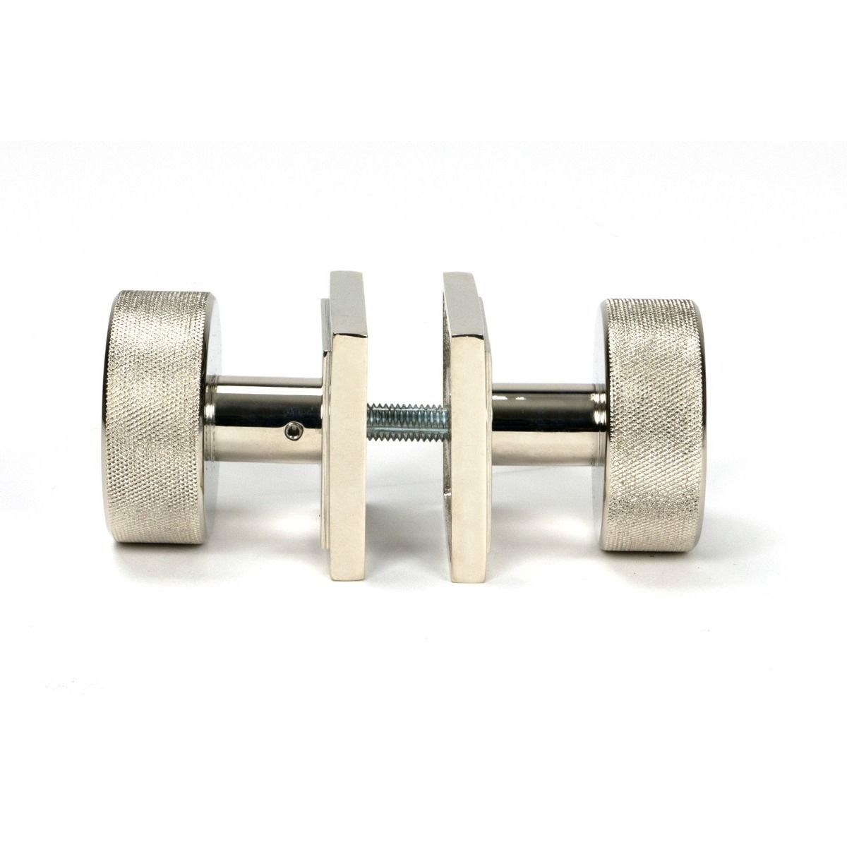 The Knurled Mortice/Rim Knob Set on a Square Rose in Polished Nickel Shown Screwed Together from the Side 