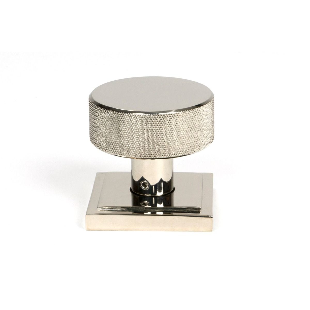 The Knurled Mortice/Rim Knob Set on a Square Rose in Polished Nickel Shown Upright 