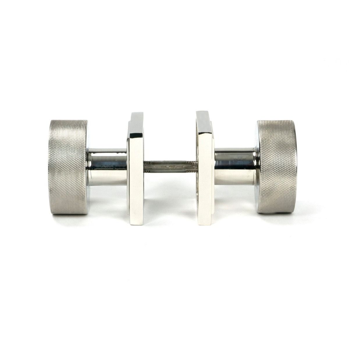 The Knurled Mortice/Rim Knob Set on a Square Rose in Polished Stainless Steel Shown Screwed Together from the Side 