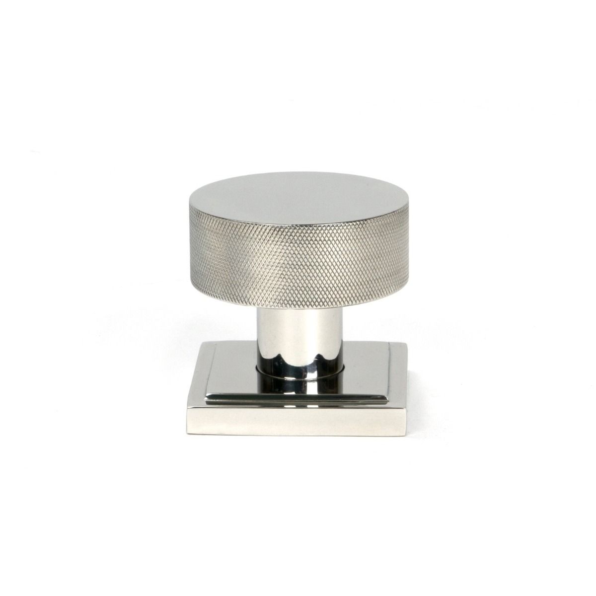 The Knurled Mortice/Rim Knob Set on a Square Rose in Polished Stainless Steel Shown Upright on a White Background 