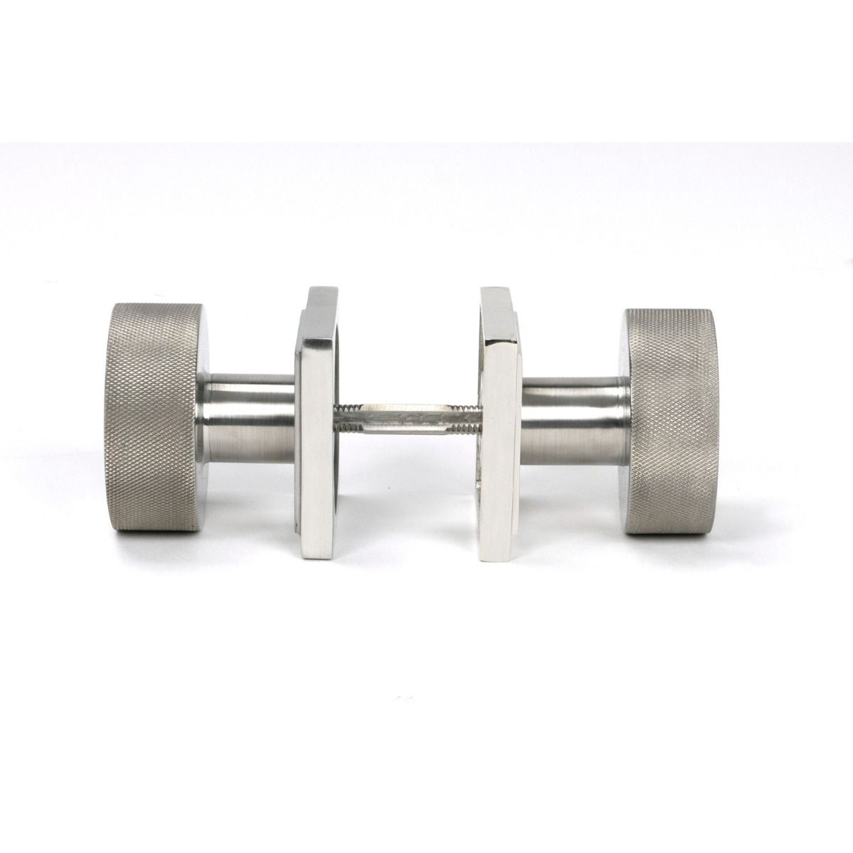 The Knurled Mortice/Rim Knob Set on a Square Rose in Satin Stainless Steel Shown Screwed Together from the Side 