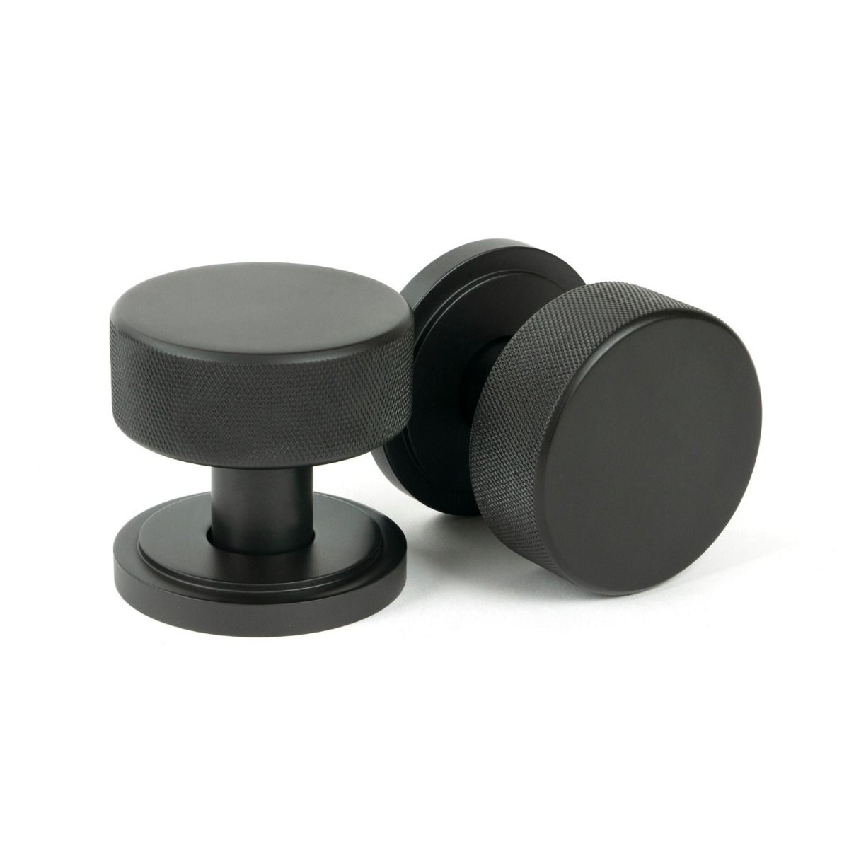 The Knurled Mortice/Rim Knob Set on an Art Deco Rose in Aged Bronze Shown Upright and on its Side 