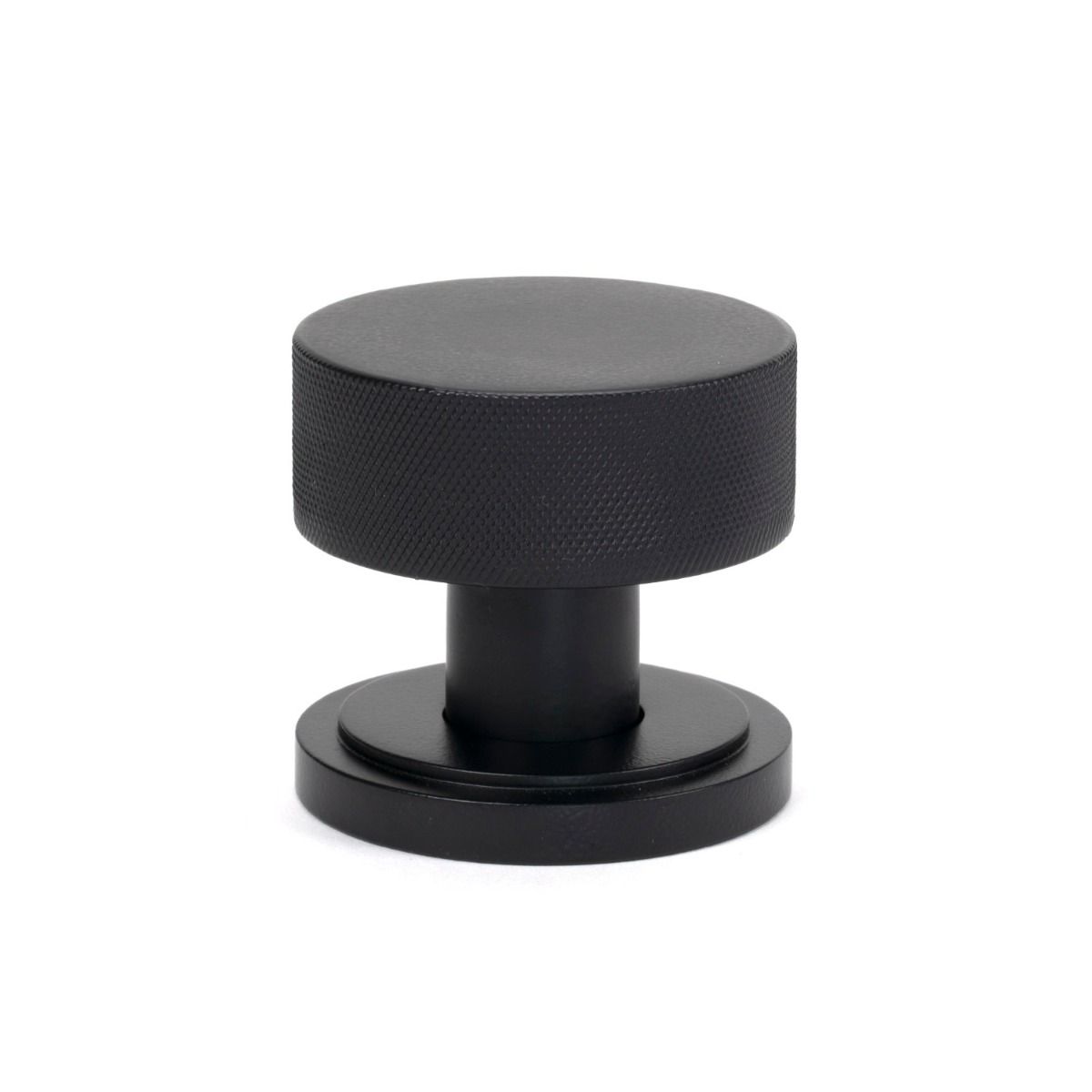 The Knurled Mortice/Rim Knob Set on an Art Deco Rose in Matt Black Shown Upright on a White Background 