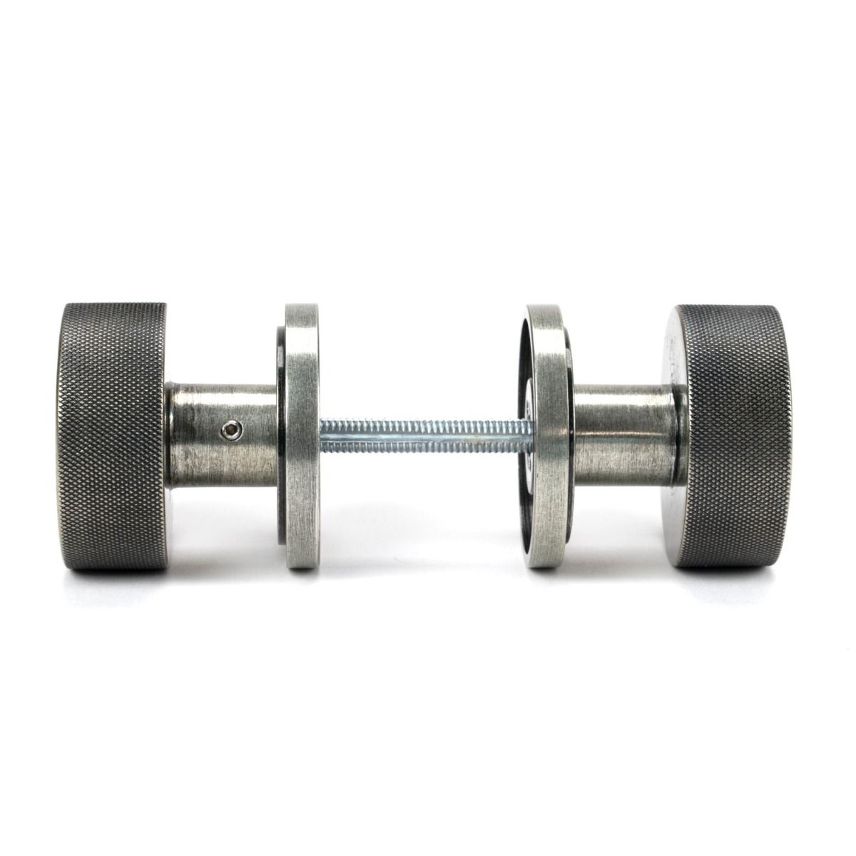 The Knurled Mortice/Rim Knob Set on an Art Deco Rose in Pewter Shown Screwed Together from the Side 