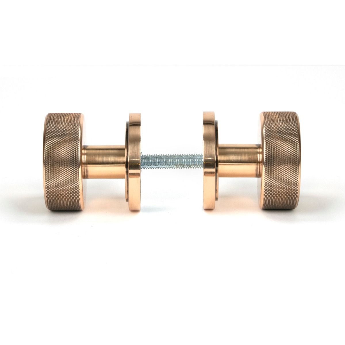 The Knurled Mortice/Rim Knob Set on an Art Deco Rose in Polished Bronze Shown Screwed Together from the Side 