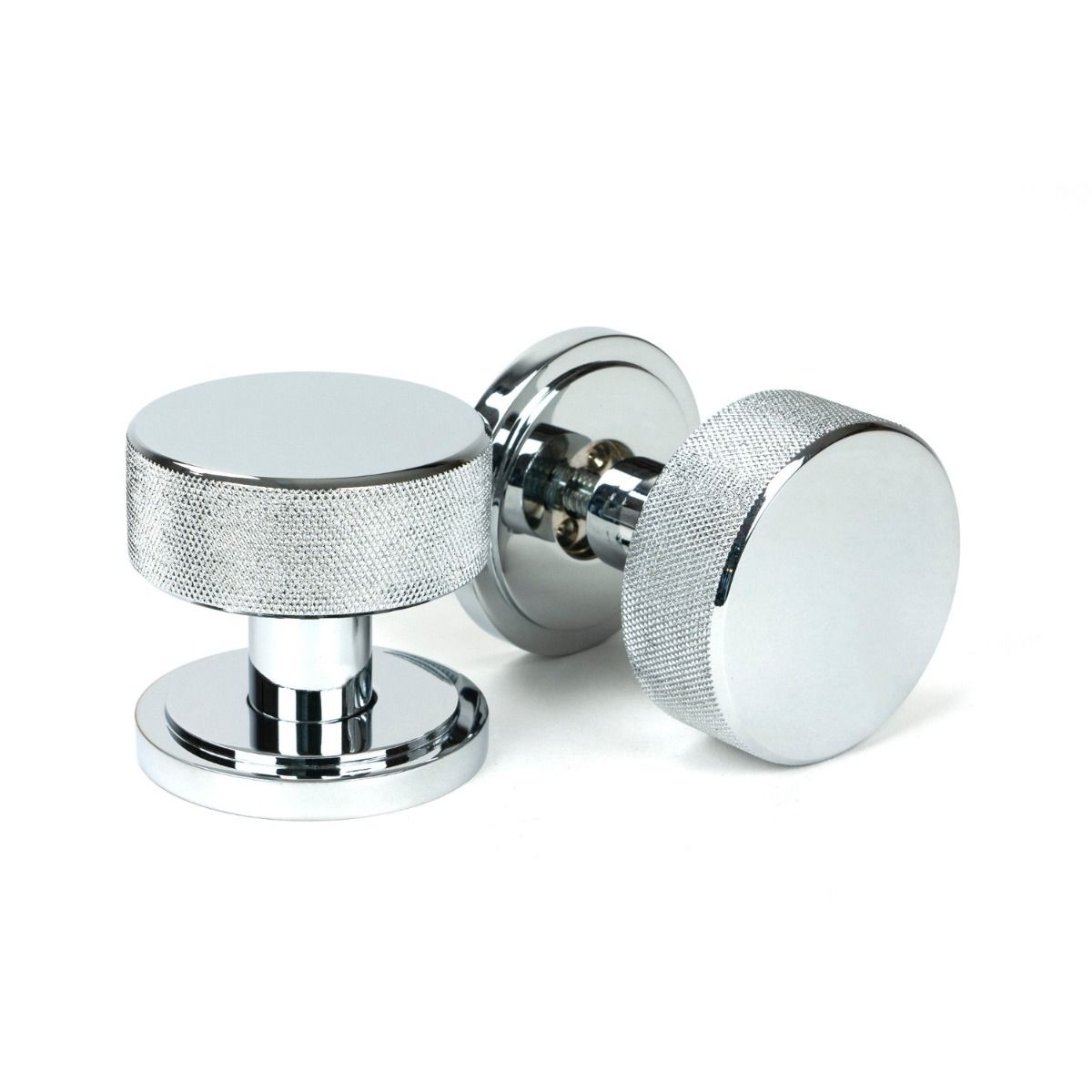 The Knurled Mortice/Rim Knob Set on an Art Deco Rose in Polished Chrome Shown Upright and on its Side 