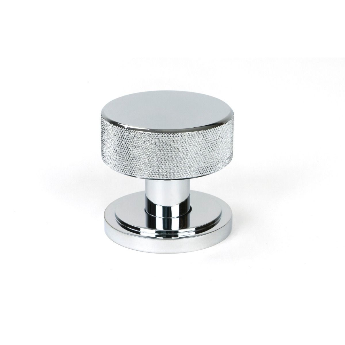 The Knurled Mortice/Rim Knob Set on an Art Deco Rose in Polished Chrome Shown Upright on a White Background 