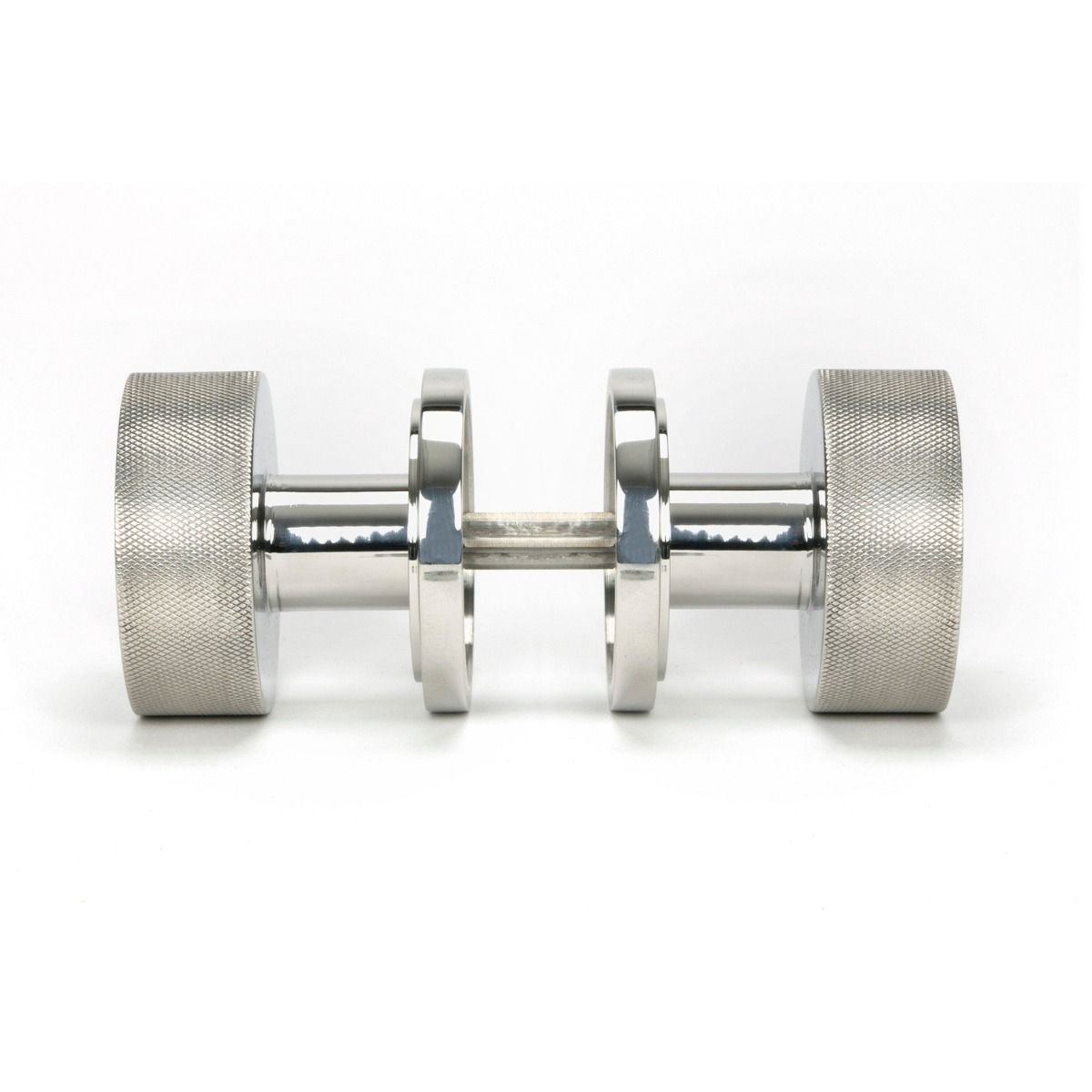 The Knurled Mortice/Rim Knob Set on an Art Deco Rose in Polished Stainless Steel Shown Screwed Together from the Side 