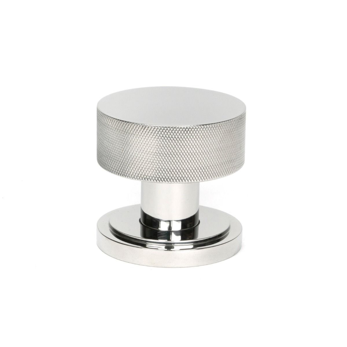 The Knurled Mortice/Rim Knob Set on an Art Deco Rose in Polished Stainless Steel Shown Upright on a White Background 