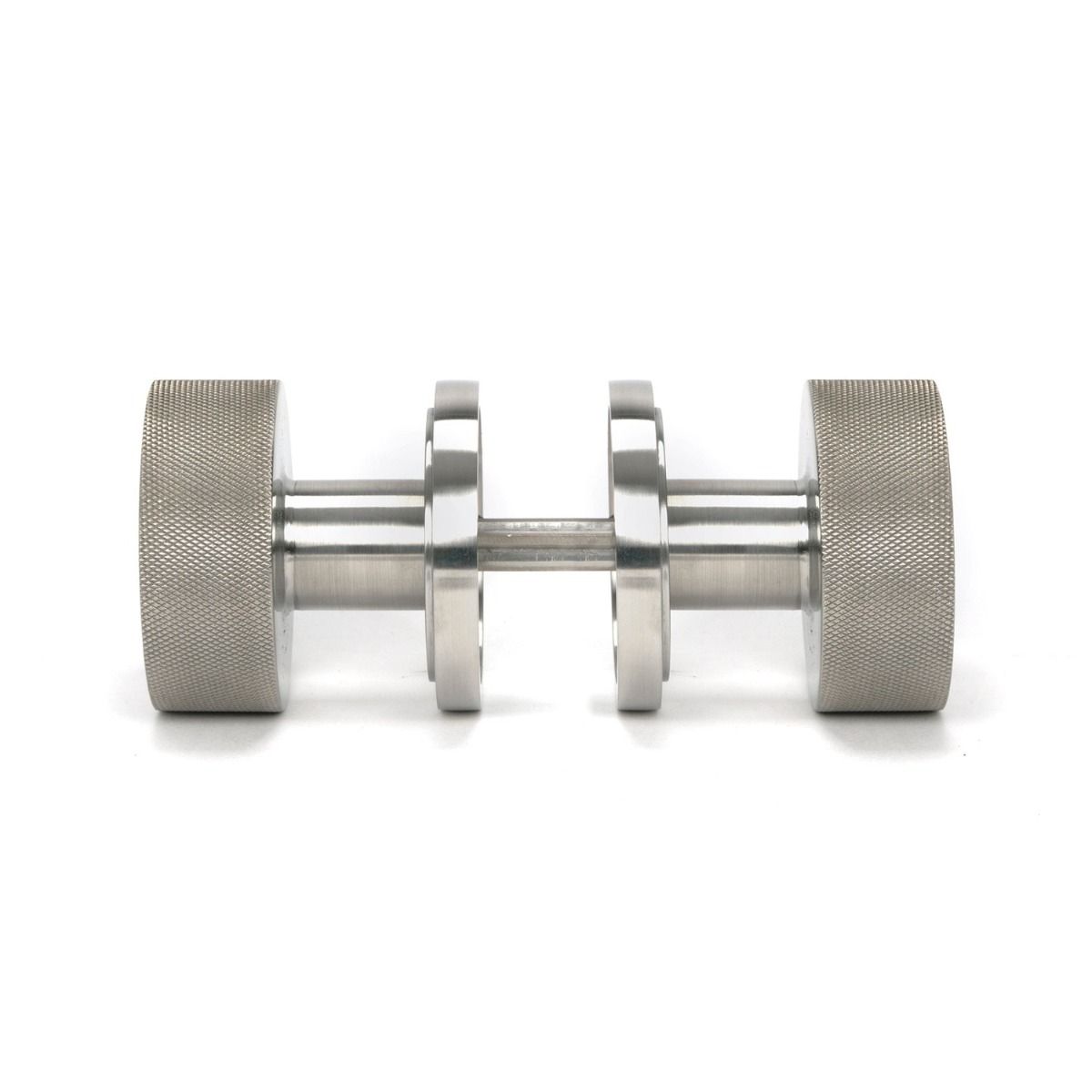 The Knurled Mortice/Rim Knob Set on an Art Deco Rose in Satin Stainless Steel Shown Screwed Together from the Side 