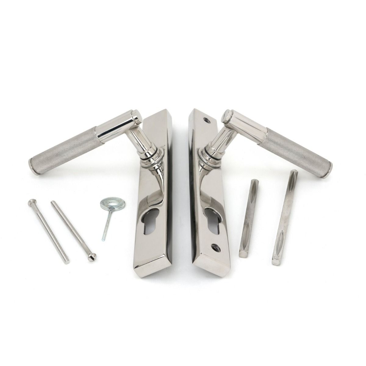 The Knurled Slimline Lever Espagnolette Door Handle Set in Polished Stainless Steel Showing all Components Including Spindles and Screws