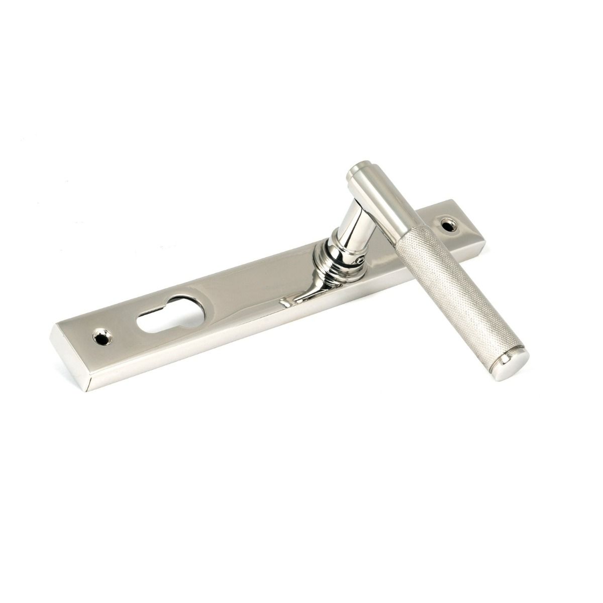 The Knurled Slimline Lever Espagnolette Door Handle Set in Polished Stainless Steel Shown Lying it on its Side on a White Background