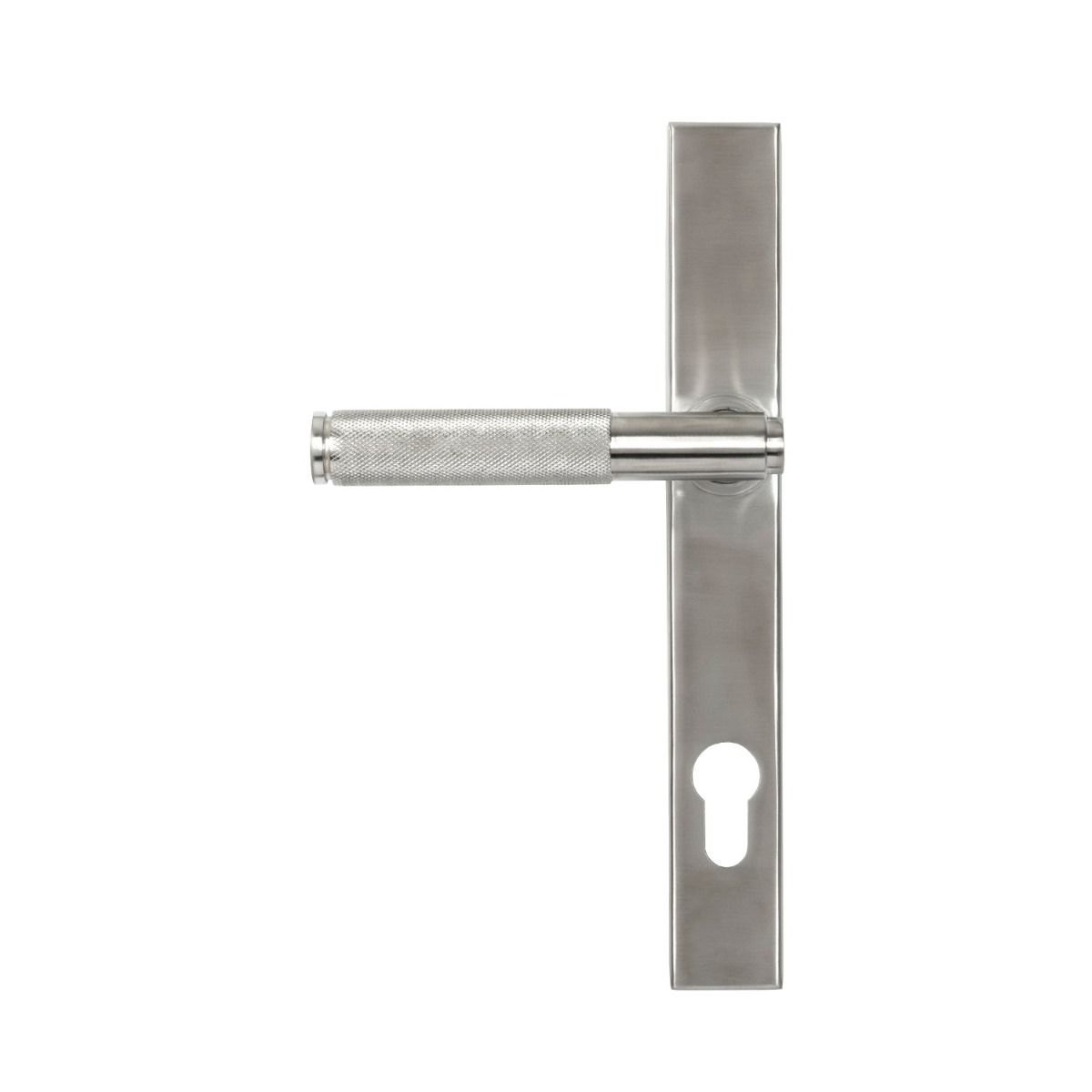 The Knurled Slimline Lever Espagnolette Door Handle Set in Satin Stainless Steel Shown on a White Background with Handle to the Left