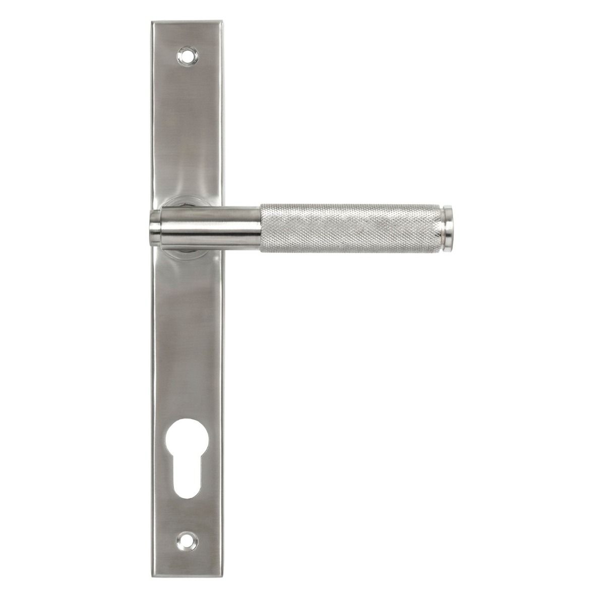 The Knurled Slimline Lever Espagnolette Door Handle Set in Satin Stainless Steel Shown on a White Background with Handle to the Right