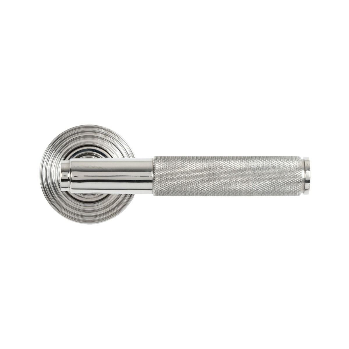 The Knurled Sprung Handle Set on a Beehive Rose in Polished Stainless Steel Shown from the Front on a White Background