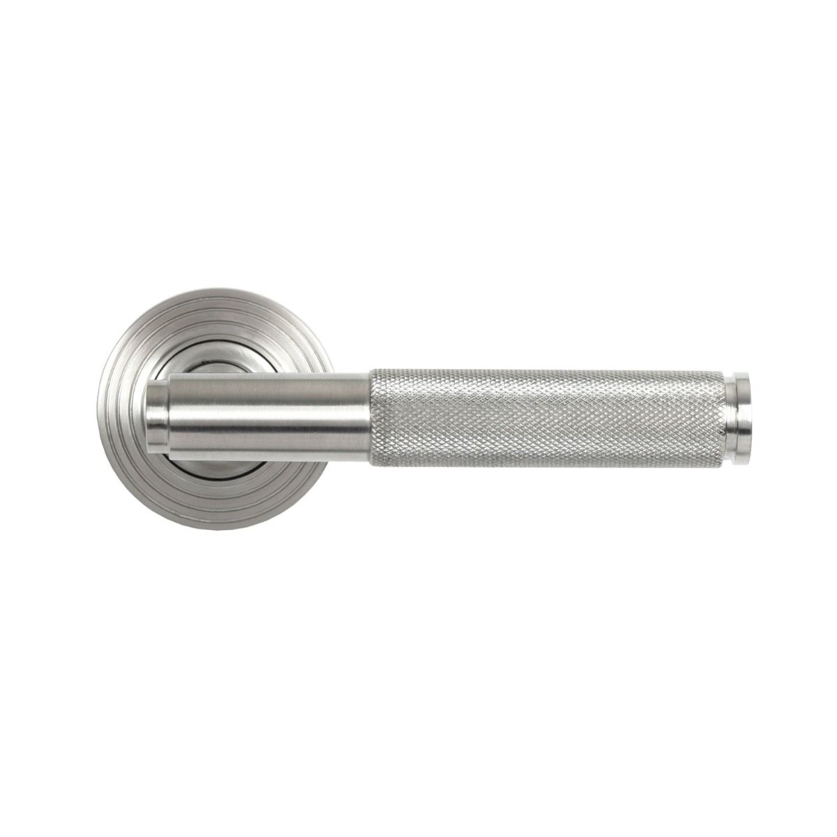 The Knurled Sprung Handle Set on a Beehive Rose in Satin Stainless Steel Shown from the Front on a White Background