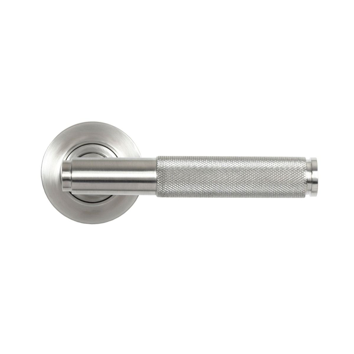 The Knurled Sprung Handle Set on a Round Rose in Satin Stainless Steel Shown from the Front on a White Background
