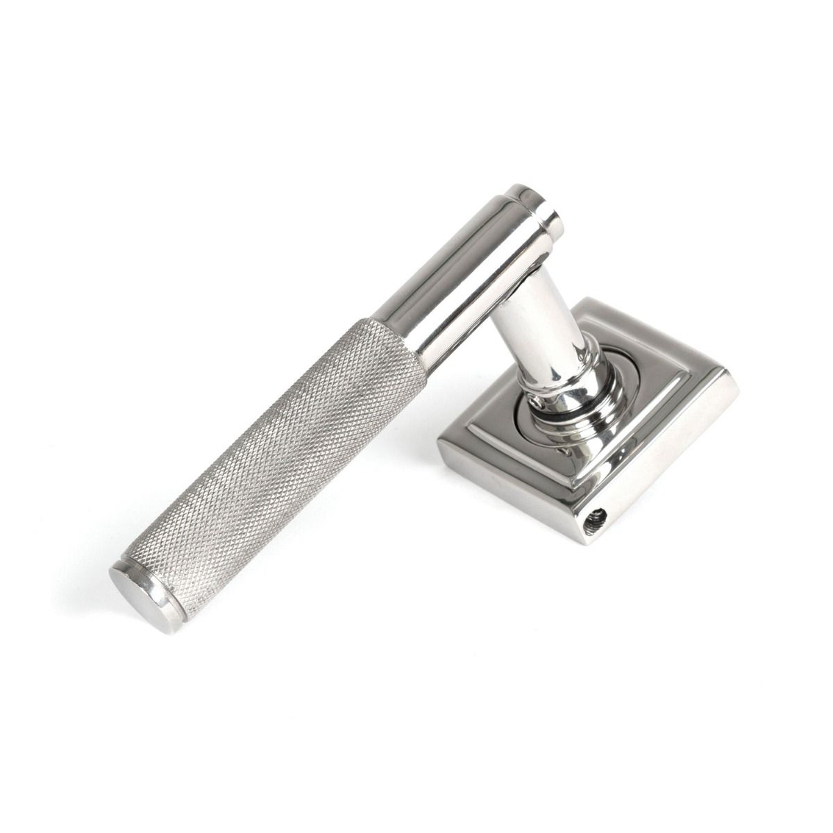 The Knurled Sprung Handle Set on a Square Rose in Polished Stainless Steel Shown at an Angle on a White Background