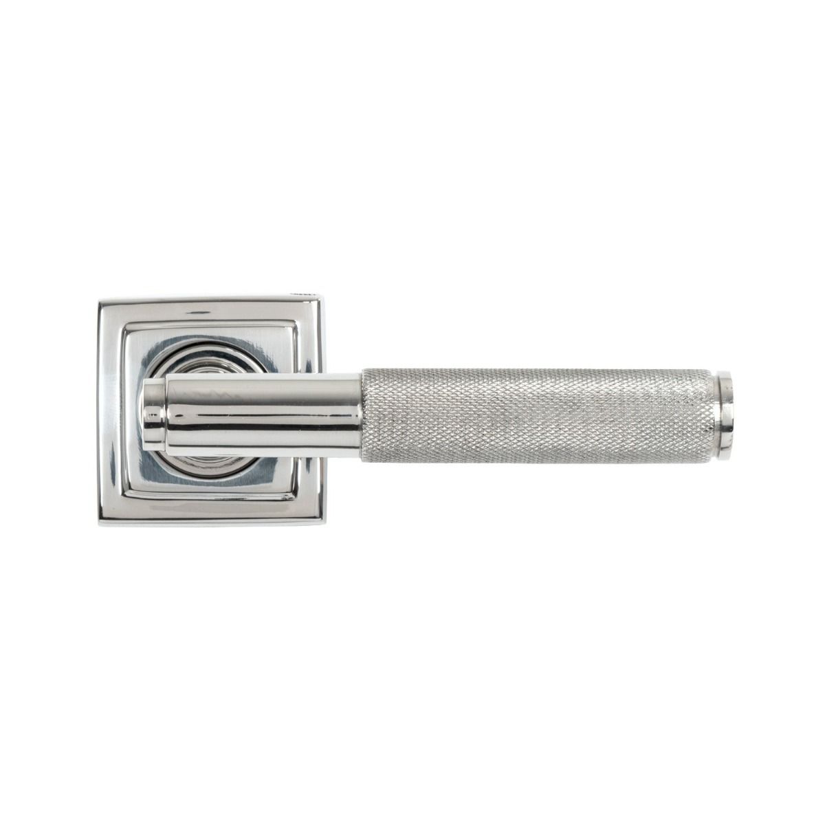 The Knurled Sprung Handle Set on a Square Rose in Polished Stainless Steel Shown from the Front on a White Background