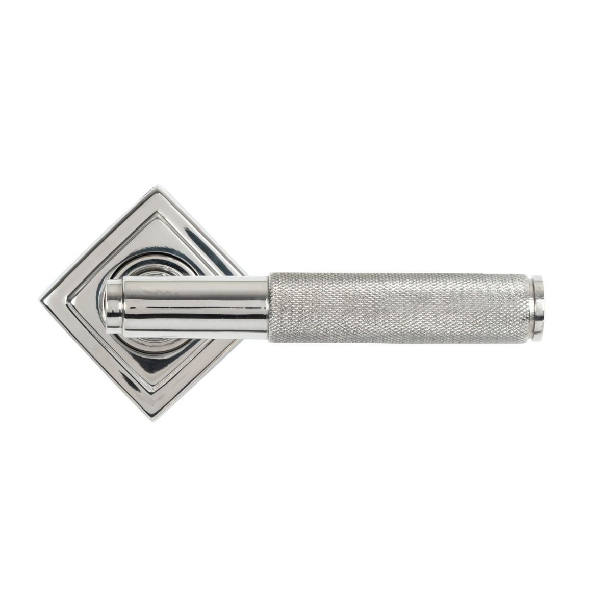 The Knurled Sprung Handle Set on a Square Rose in Polished Stainless Steel Shown with the Square Backplate in a Diamond Orientation