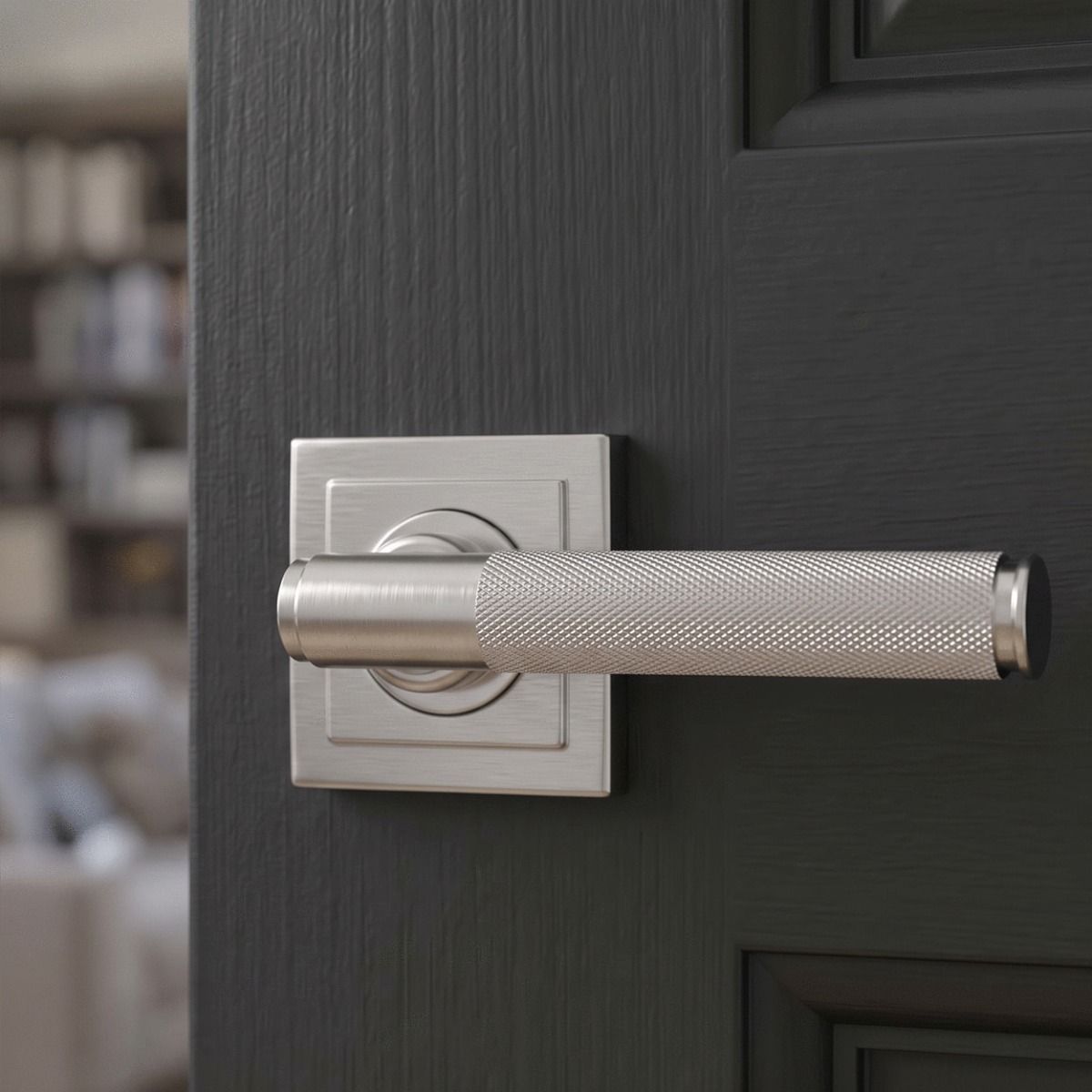 The Knurled Sprung Handle Set on a Square Rose in Satin Stainless Steel shown close up on a Grey Door - Digital Illustration 